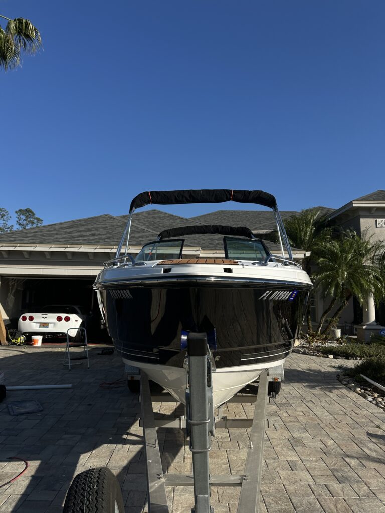 Monterey bowrider bow with a mirror-finish black hull