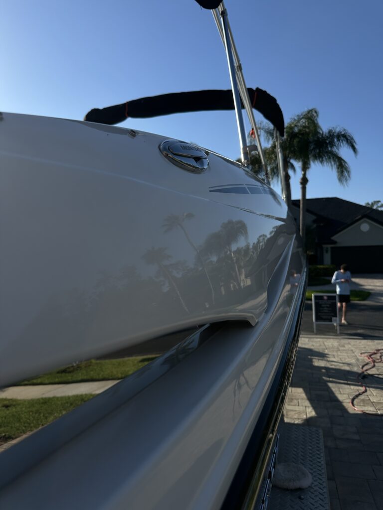 Gel coat reflection close-up on a Monterey bowrider